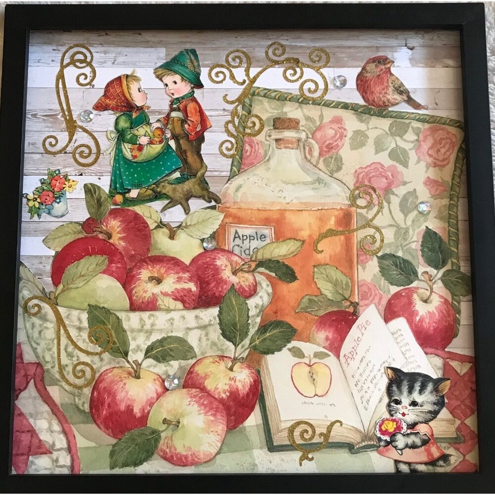 Retro Kitchen Apples in Bowl Framed Handmade Collage Wall Art Fall Autumn Decor